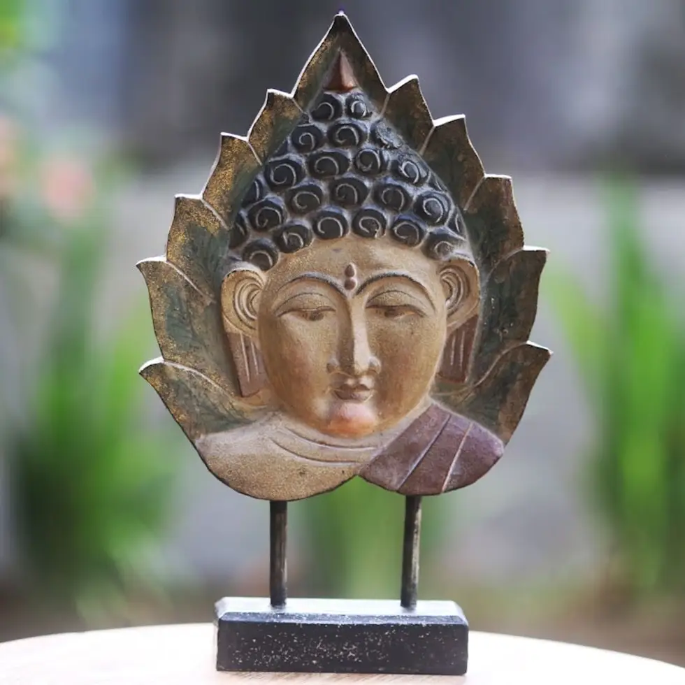 Hand Carved Buddha in Pipal Leaf Wood Sculpture with Stand 'Buddha Leaf'