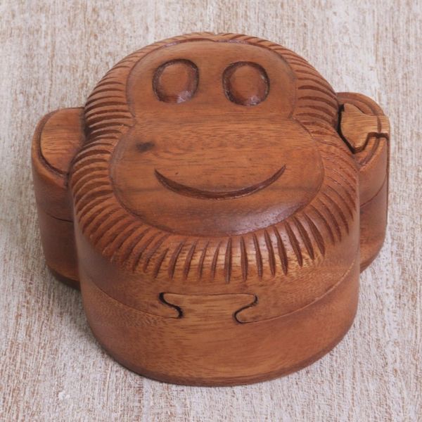 Alternate image for Hand Made Wood Puzzle Box Monkey Face from Indonesia Happy Monkey