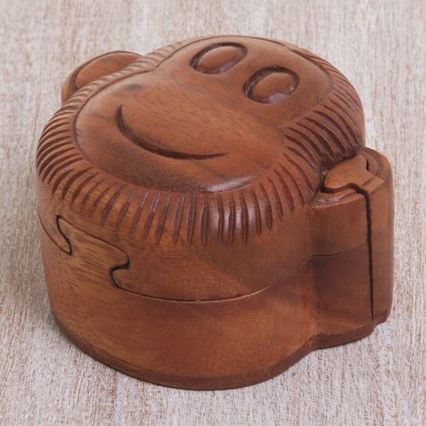 Alternate image for Hand Made Wood Puzzle Box Monkey Face from Indonesia Happy Monkey