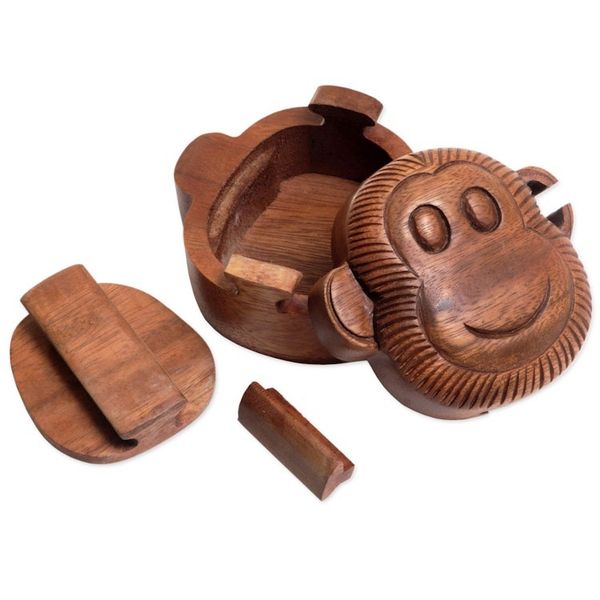 Alternate image for Hand Made Wood Puzzle Box Monkey Face from Indonesia Happy Monkey