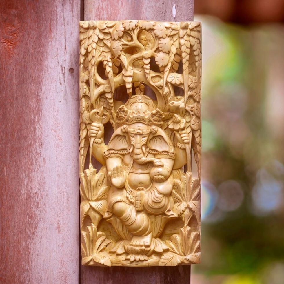 Natural Color Wood Lord Ganesha Relief Panel from Bali 'Lord Ganesha'