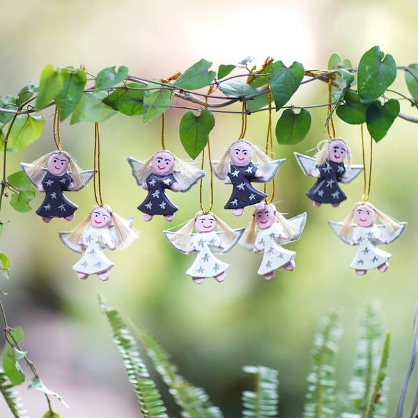 Alternate image for 8 Artisan Crafted Angel Wood Ornaments in Black and White Angelic Squad