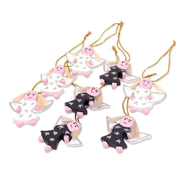 Alternate image for 8 Artisan Crafted Angel Wood Ornaments in Black and White Angelic Squad