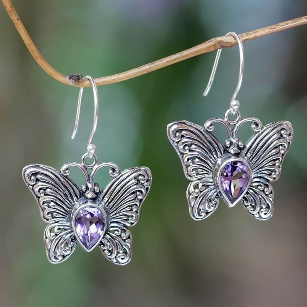 Handcrafted Indonesian Silver and Amethyst Earrings 'Enchanted Butterfly'