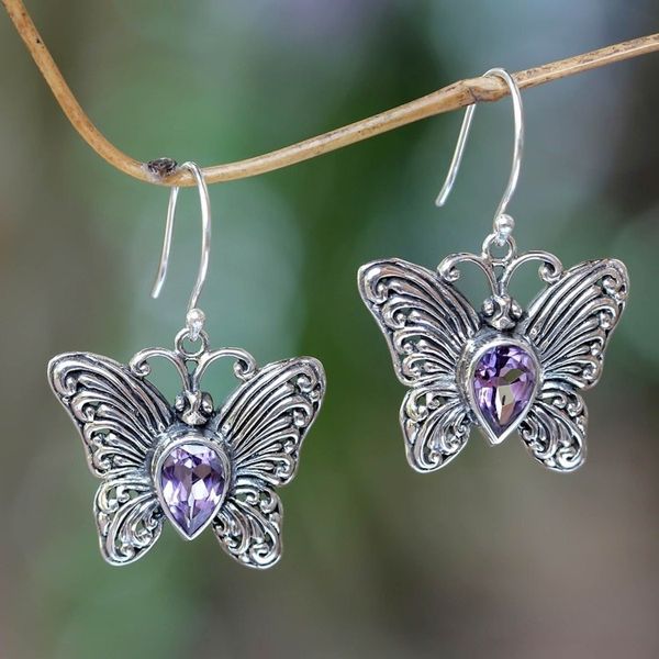 Alternate image for Handcrafted Indonesian Silver and Amethyst Earrings Enchanted Butterfly