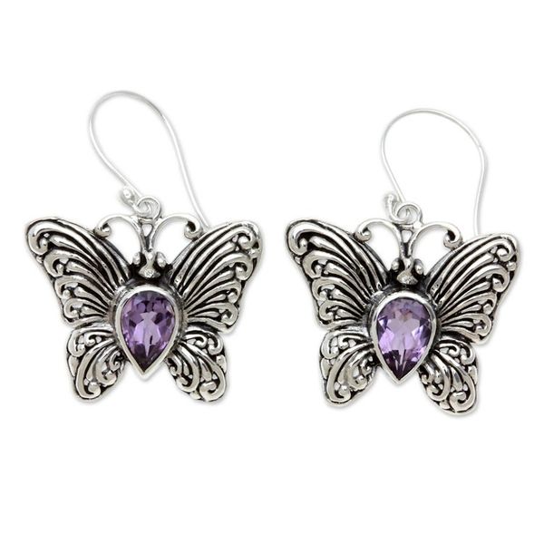 Alternate image for Handcrafted Indonesian Silver and Amethyst Earrings Enchanted Butterfly