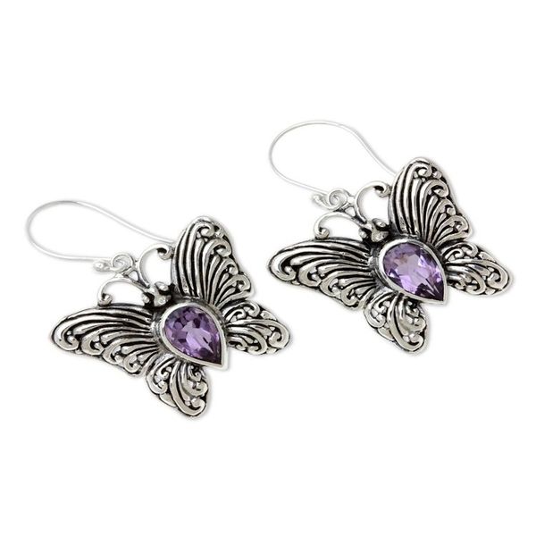 Alternate image for Handcrafted Indonesian Silver and Amethyst Earrings Enchanted Butterfly
