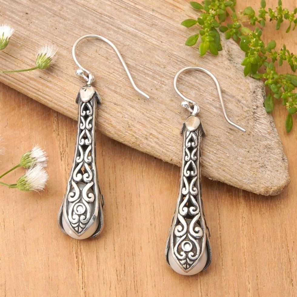 Sterling Silver Tendrils and Cultured Pearl Earrings 'Clove Island'