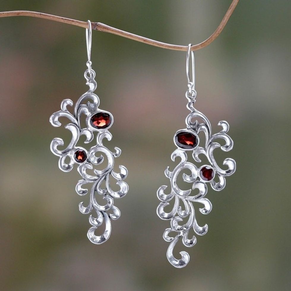 Hand Crafted Garnet and Sterling Silver Dangle Earrings 'Trailing Vines'