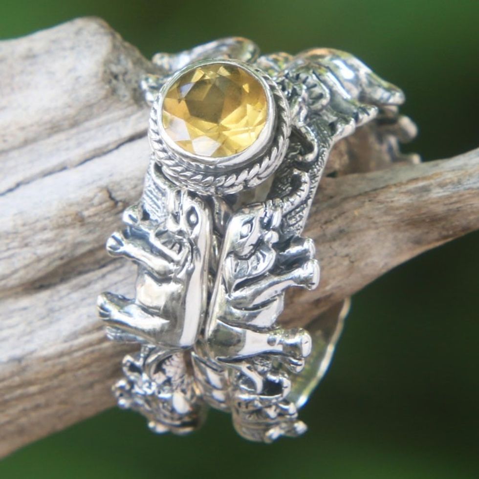 Citrine and Silver Stacking Rings Set of 3 from Indonesia 'Elephant Shrine'