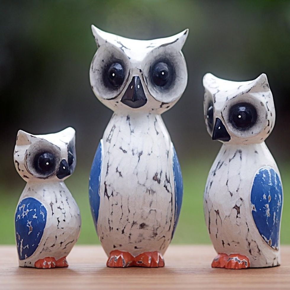 Hand Carved Wood Owl Sculptures Set of 3 from Indonesia 'Wise Family'