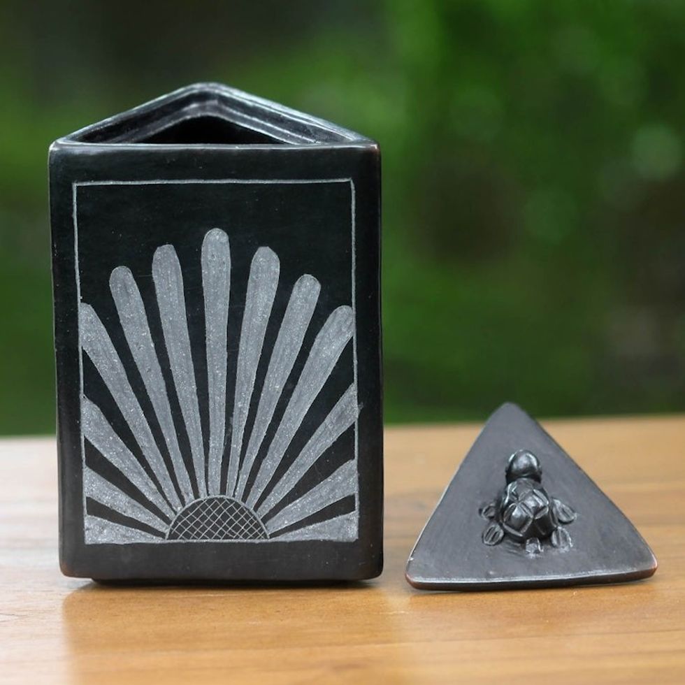 Black Ceramic Triangle Jar Crafted by Hand 'Sunflower Pyramid Frog'