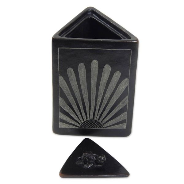 Alternate image for Black Ceramic Triangle Jar Crafted by Hand Sunflower Pyramid Frog
