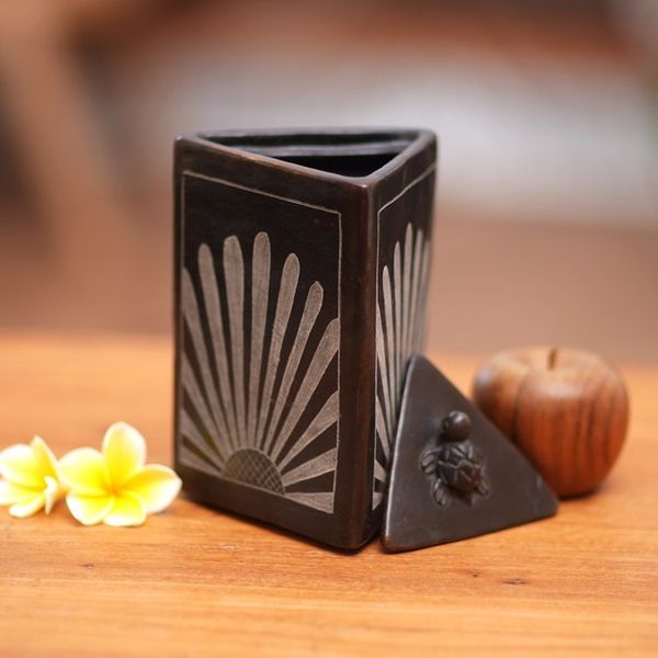 Alternate image for Black Ceramic Triangle Jar Crafted by Hand Sunflower Pyramid Frog