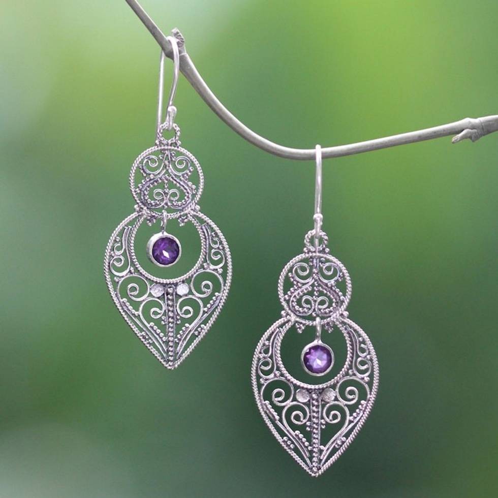 Amethyst and Sterling Silver Dangle Earrings from Bali 'Majapahit Glory'