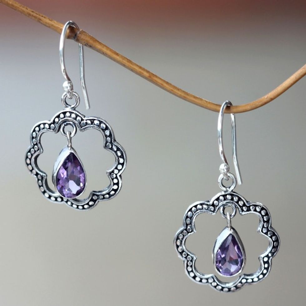 Floral Fair Trade Silver Earrings with Amethyst 'Flower Halo'