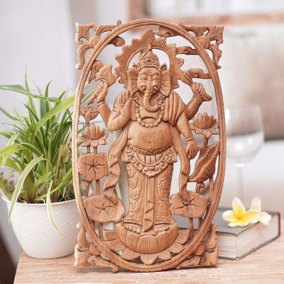 Suar Wood Hand Carved Relief Wall Panel of Ganesha 'Ganesha Standing'