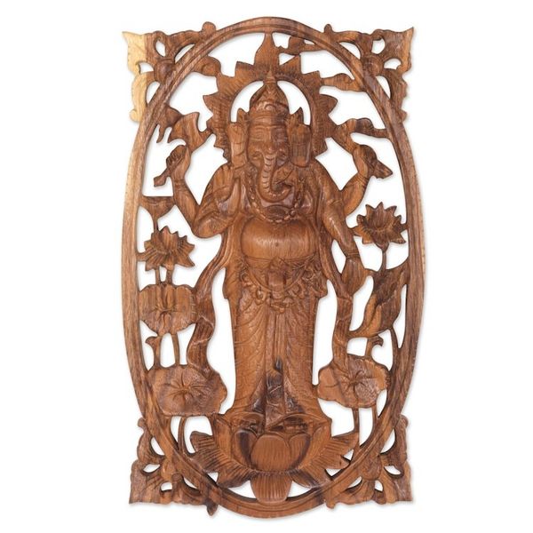 Alternate image for Suar Wood Hand Carved Relief Wall Panel of Ganesha Ganesha Standing