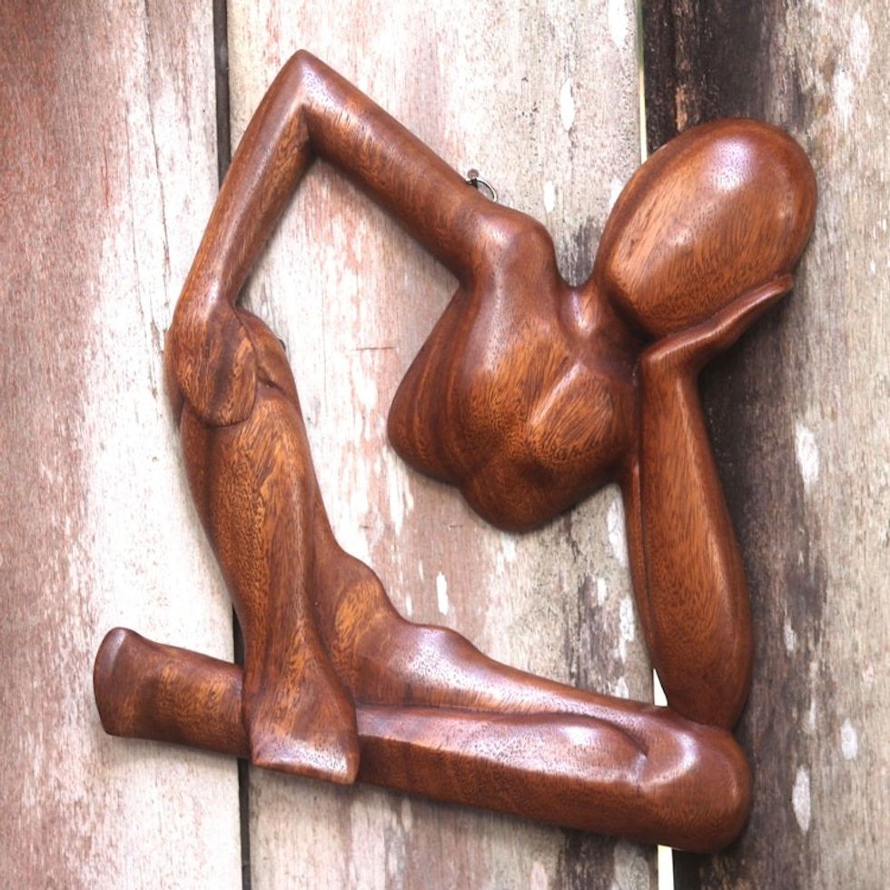 Handmade Brown Wood Wall Sculpture of Relaxed Figure 'Relaxing Artisan'