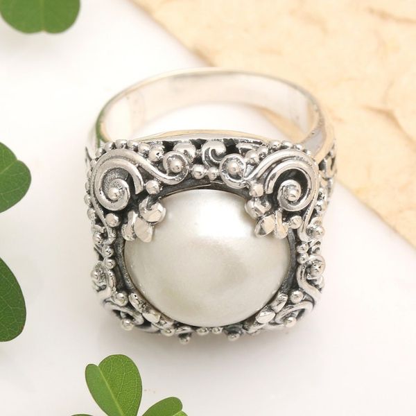 Alternate image for Modern Balinese Cultured Pearl Ring in Sterling Silver Spirit of the Moon