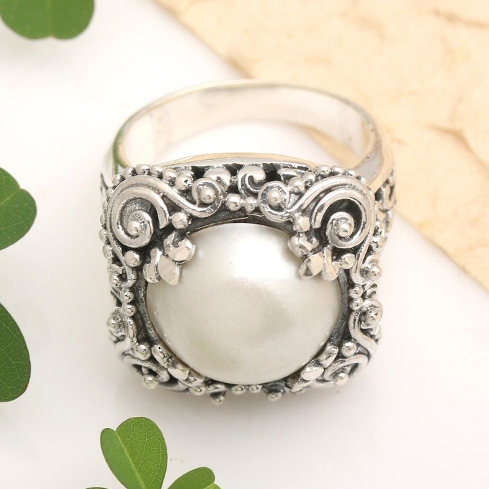 Modern Balinese Cultured Pearl Ring in Sterling Silver 'Spirit of the Moon'