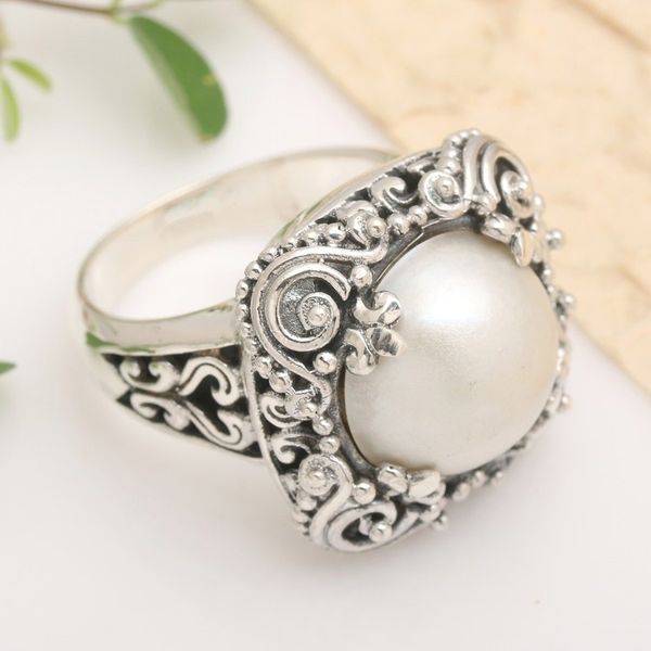 Alternate image for Modern Balinese Cultured Pearl Ring in Sterling Silver Spirit of the Moon