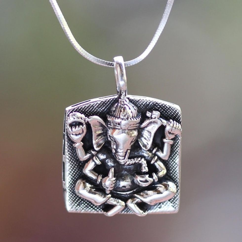 Handcrafted Sterling Silver Ganesha Necklace 'Ganesha in Meditation'
