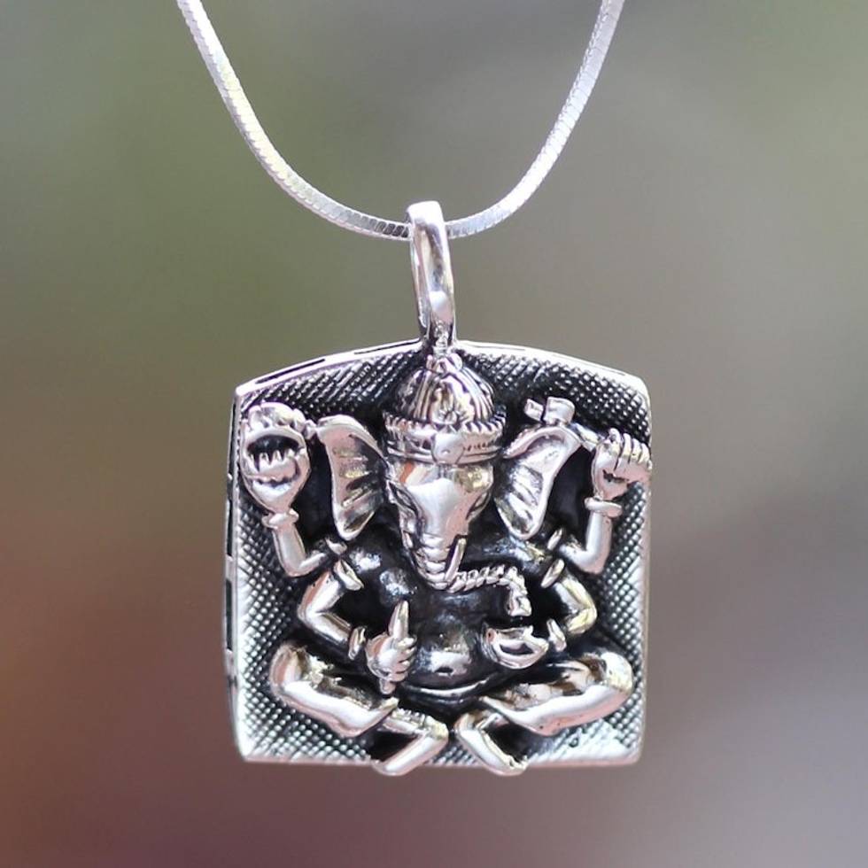 Handcrafted Sterling Silver Ganesha Necklace 'Ganesha in Meditation'