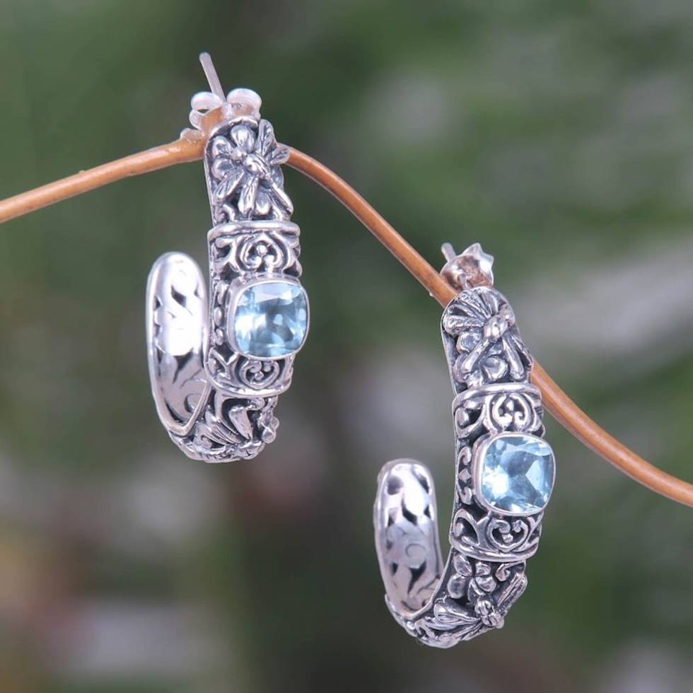 Balinese Blue Topaz Half Hoop Earrings in Sterling Silver 'Frangipani Dragonflies'