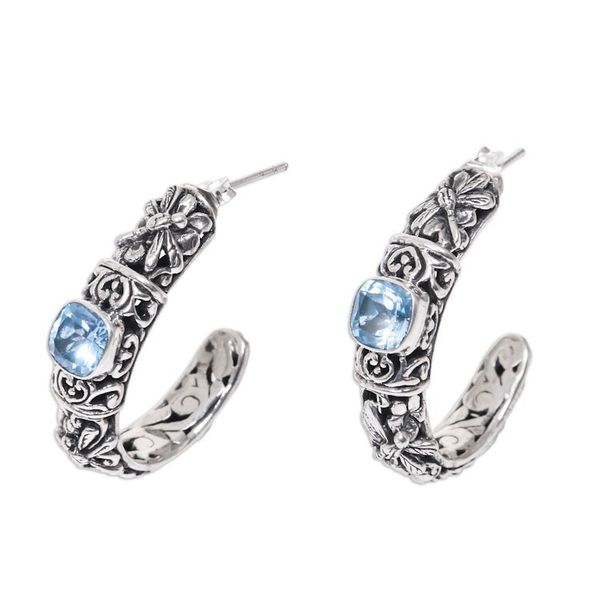 Alternate image for Balinese Blue Topaz Half Hoop Earrings in Sterling Silver Frangipani Dragonflies