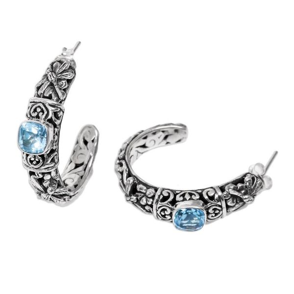Alternate image for Balinese Blue Topaz Half Hoop Earrings in Sterling Silver Frangipani Dragonflies