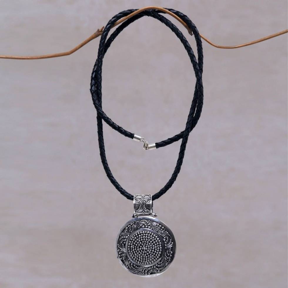 Artisan Crafted Necklace Sterling Silver on Leather 'Circular Visions'