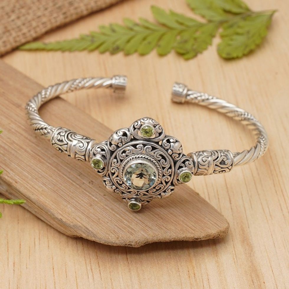 Prasiolite and Peridot Silver Cuff Bracelet 'Mahameru Green'