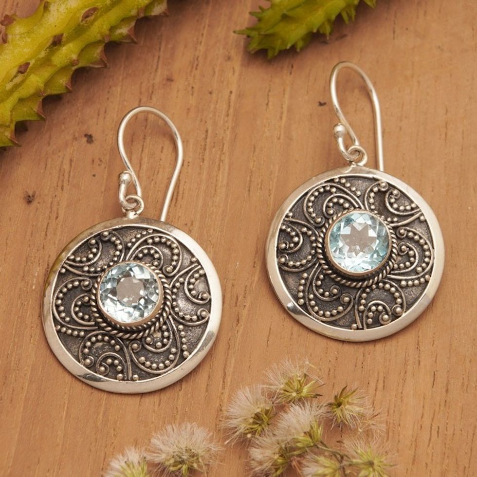 Traditional Balinese Silver Earrings with Blue Topaz 'Balinese Aura'