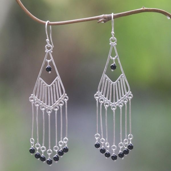 Alternate image for Sterling Silver Onyx Dangle Earrings Handmade in Indonesia Bali Raindrops