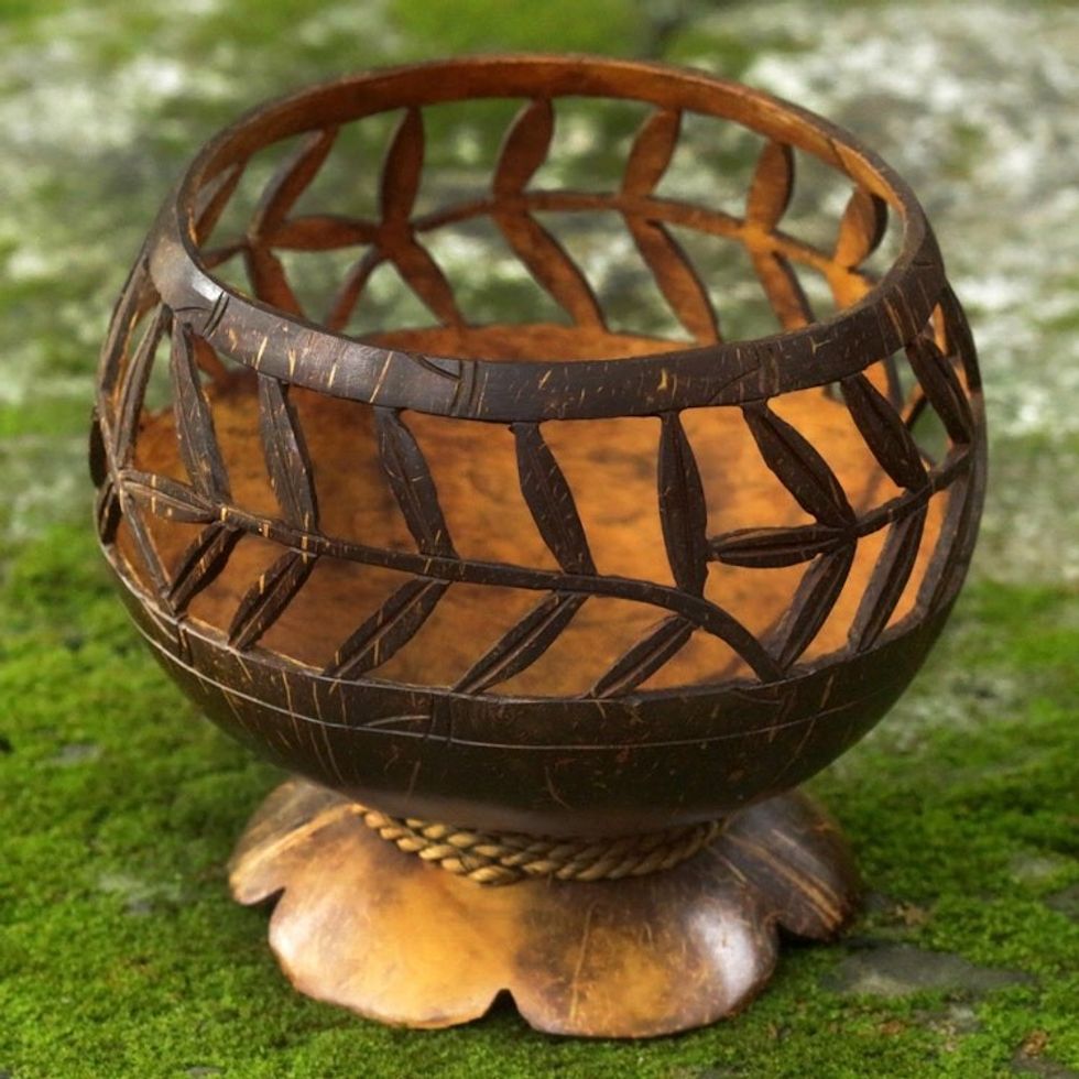 Hand Carved Coconut Shell Catchall from Indonesia 'Bamboo Wraps'