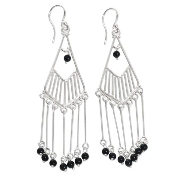 Alternate image for Sterling Silver Onyx Dangle Earrings Handmade in Indonesia Bali Raindrops