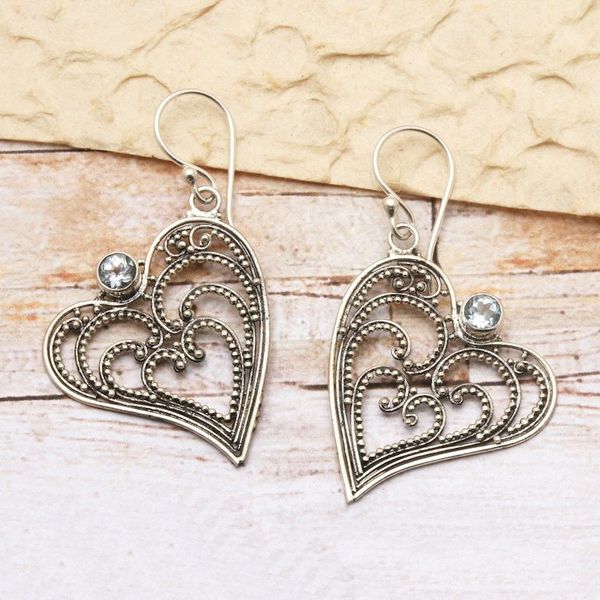 Alternate image for Blue Topaz and Sterling Silver Heart Shaped Dangle Earrings Budding Heart