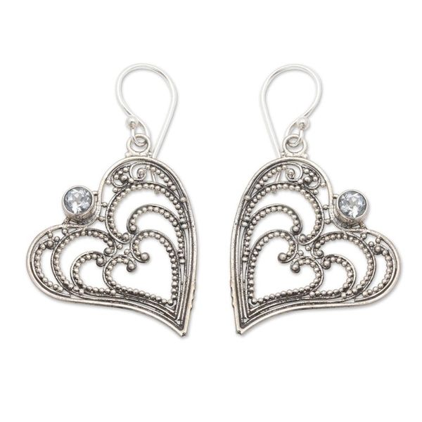 Alternate image for Blue Topaz and Sterling Silver Heart Shaped Dangle Earrings Budding Heart