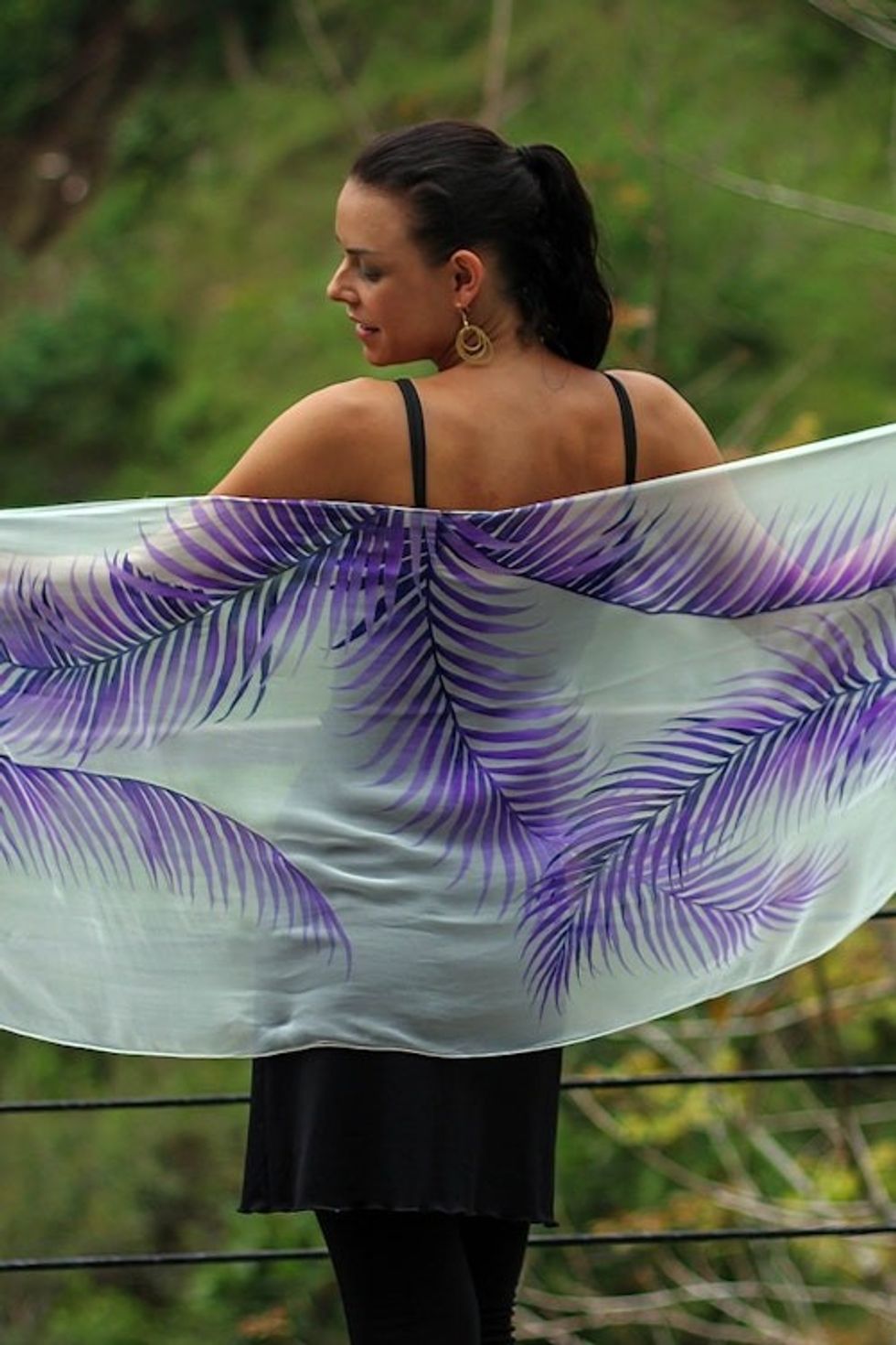 Handpainted Sheer White Silk Shawl with Purple Ferns 'Purple Fern Shadow'