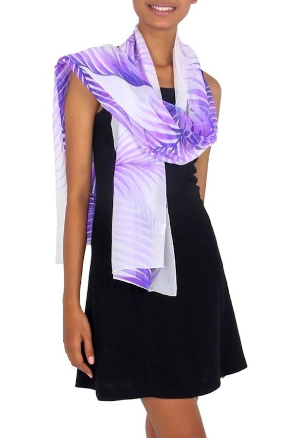 Alternate image for Handpainted Sheer White Silk Shawl with Purple Ferns Purple Fern Shadow