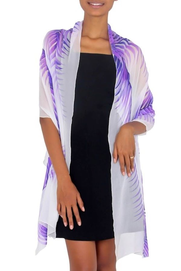 Alternate image for Handpainted Sheer White Silk Shawl with Purple Ferns Purple Fern Shadow