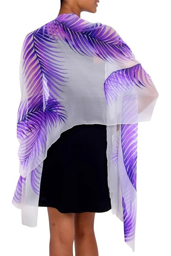 Alternate image for Handpainted Sheer White Silk Shawl with Purple Ferns Purple Fern Shadow