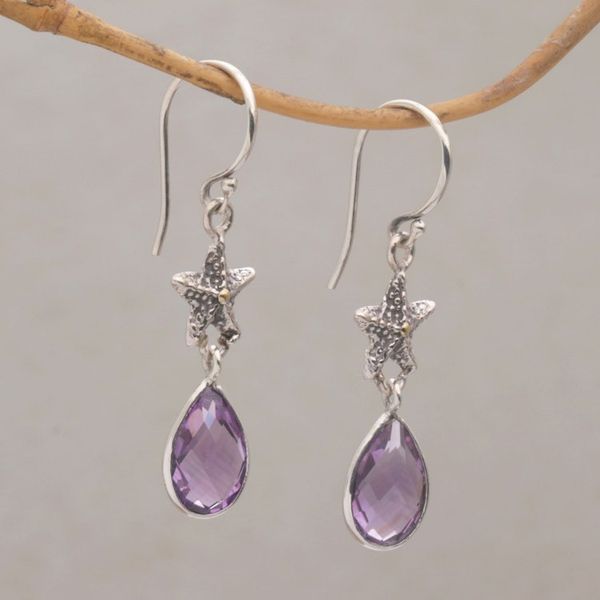 Alternate image for Handmade Amethyst Sterling Silver Starfish Dangle Earrings Starfish Drop