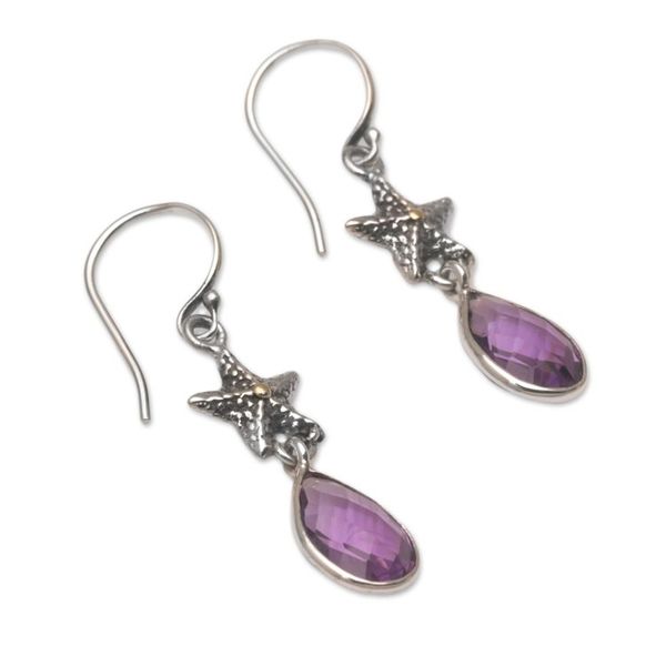 Alternate image for Handmade Amethyst Sterling Silver Starfish Dangle Earrings Starfish Drop