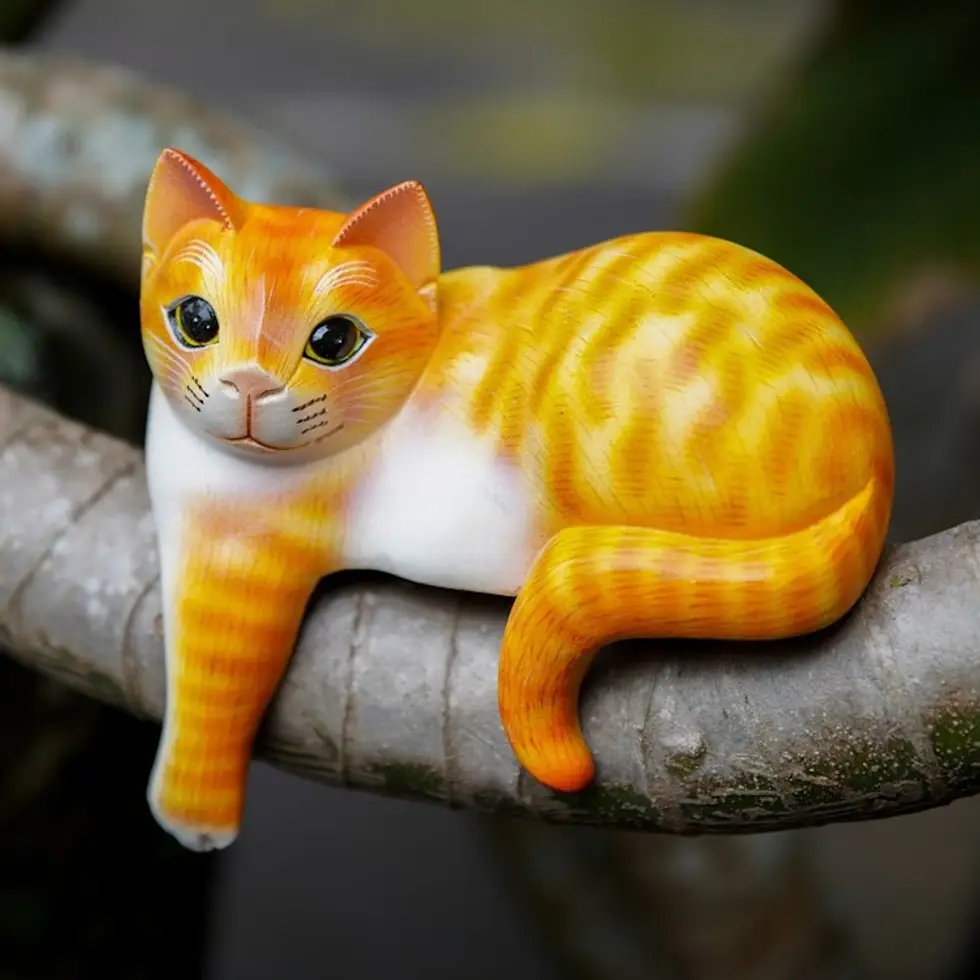 Painted Suar Wood Sculpture of an Orange Cat from Bali 'Watchful Orange Cat'