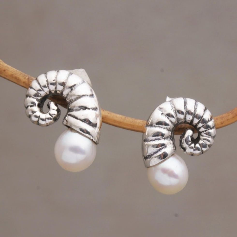 Fossil Shaped Sterling Earrings with Cultured Pearls 'Ancient Ammonite'