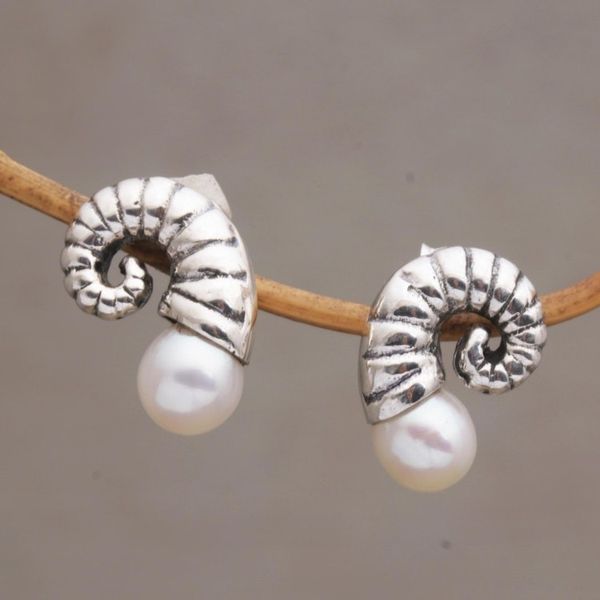 Alternate image for Fossil Shaped Sterling Earrings with Cultured Pearls Ancient Ammonite