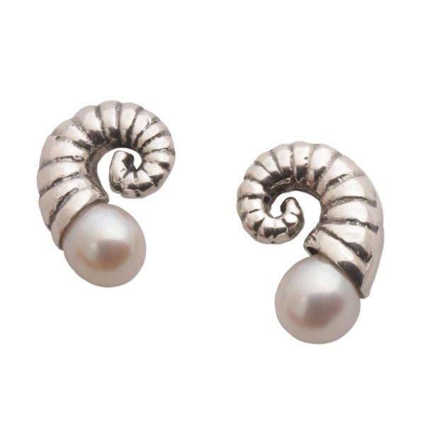 Alternate image for Fossil Shaped Sterling Earrings with Cultured Pearls Ancient Ammonite