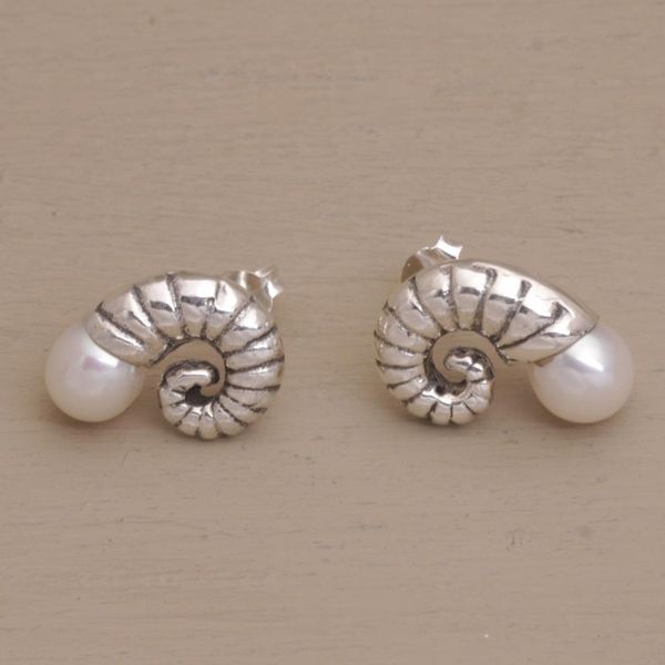 Alternate image for Fossil Shaped Sterling Earrings with Cultured Pearls Ancient Ammonite